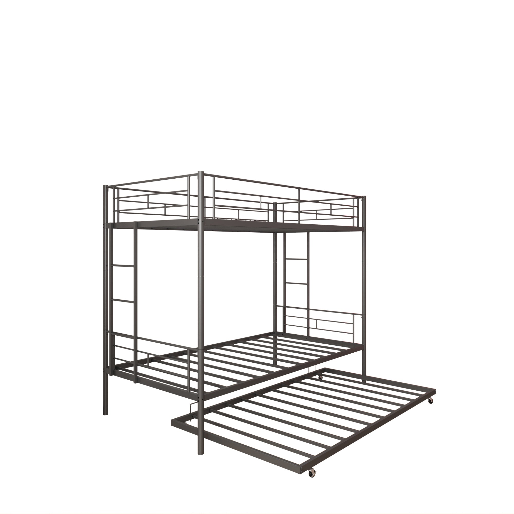 Bunk Bed with Roll Out Trundle Bed Frame, Metal Bunk Bed can be Divided into Two Twin Beds, Trundle Twin Bunk Bed with Ladders and Guardrails for Guest Room, Space Saving Bedroom Furniture, K86