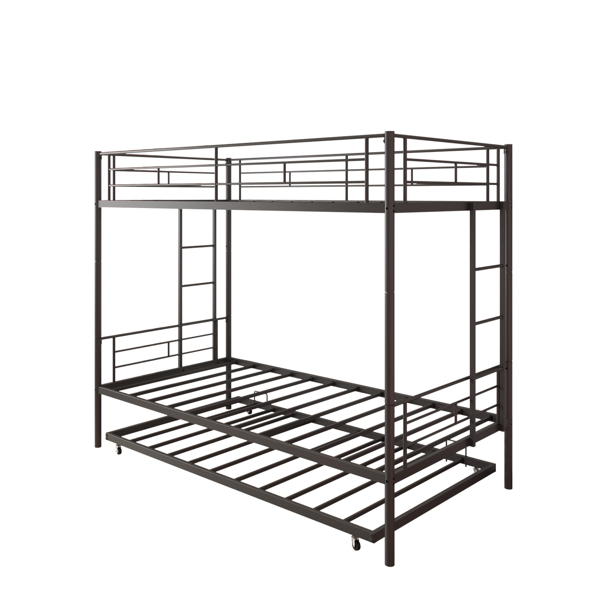 Bunk Bed with Roll Out Trundle Bed Frame, Metal Bunk Bed can be Divided into Two Twin Beds, Trundle Twin Bunk Bed with Ladders and Guardrails for Guest Room, Space Saving Bedroom Furniture, K86