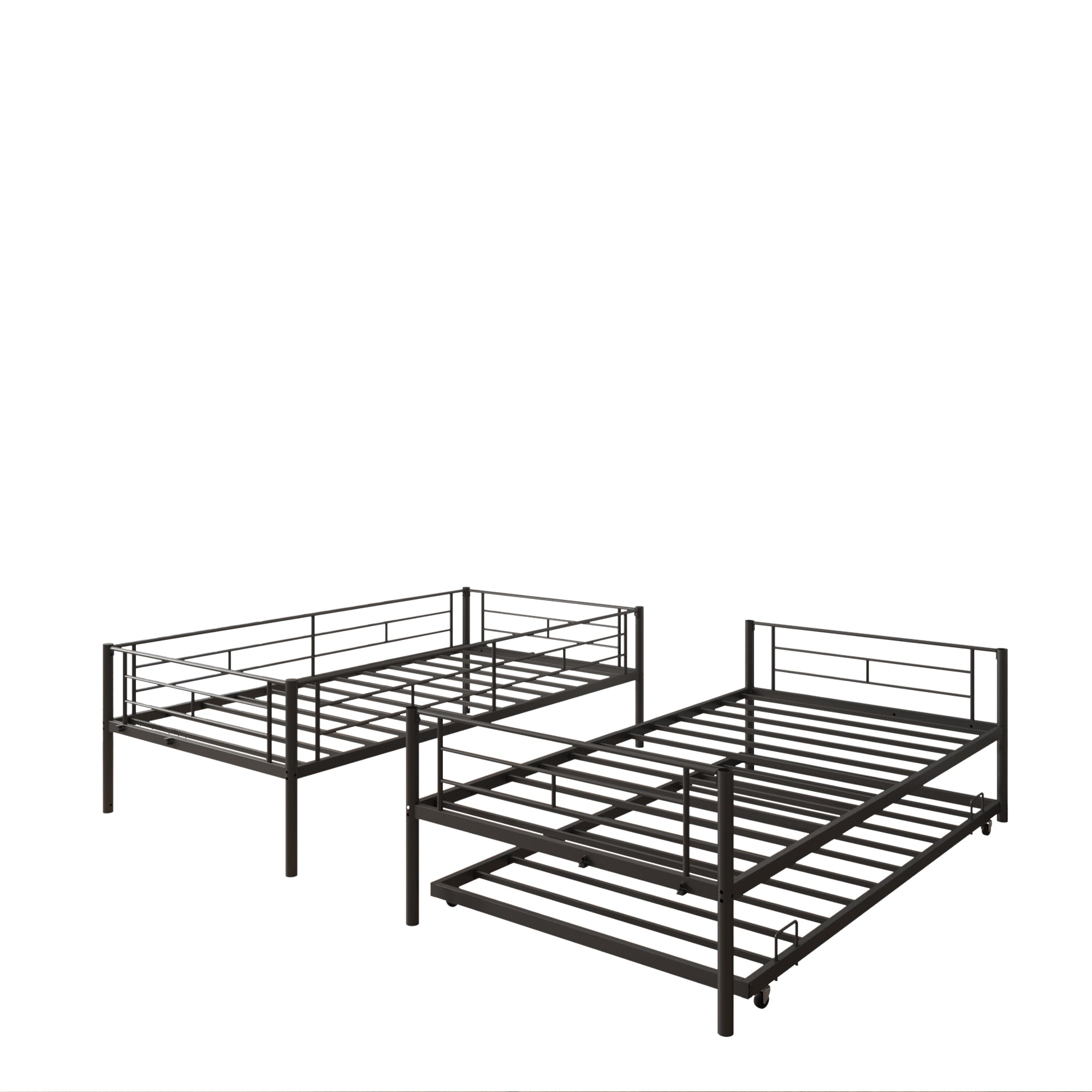 Bunk Bed with Roll Out Trundle Bed Frame, Metal Bunk Bed can be Divided into Two Twin Beds, Trundle Twin Bunk Bed with Ladders and Guardrails for Guest Room, Space Saving Bedroom Furniture
