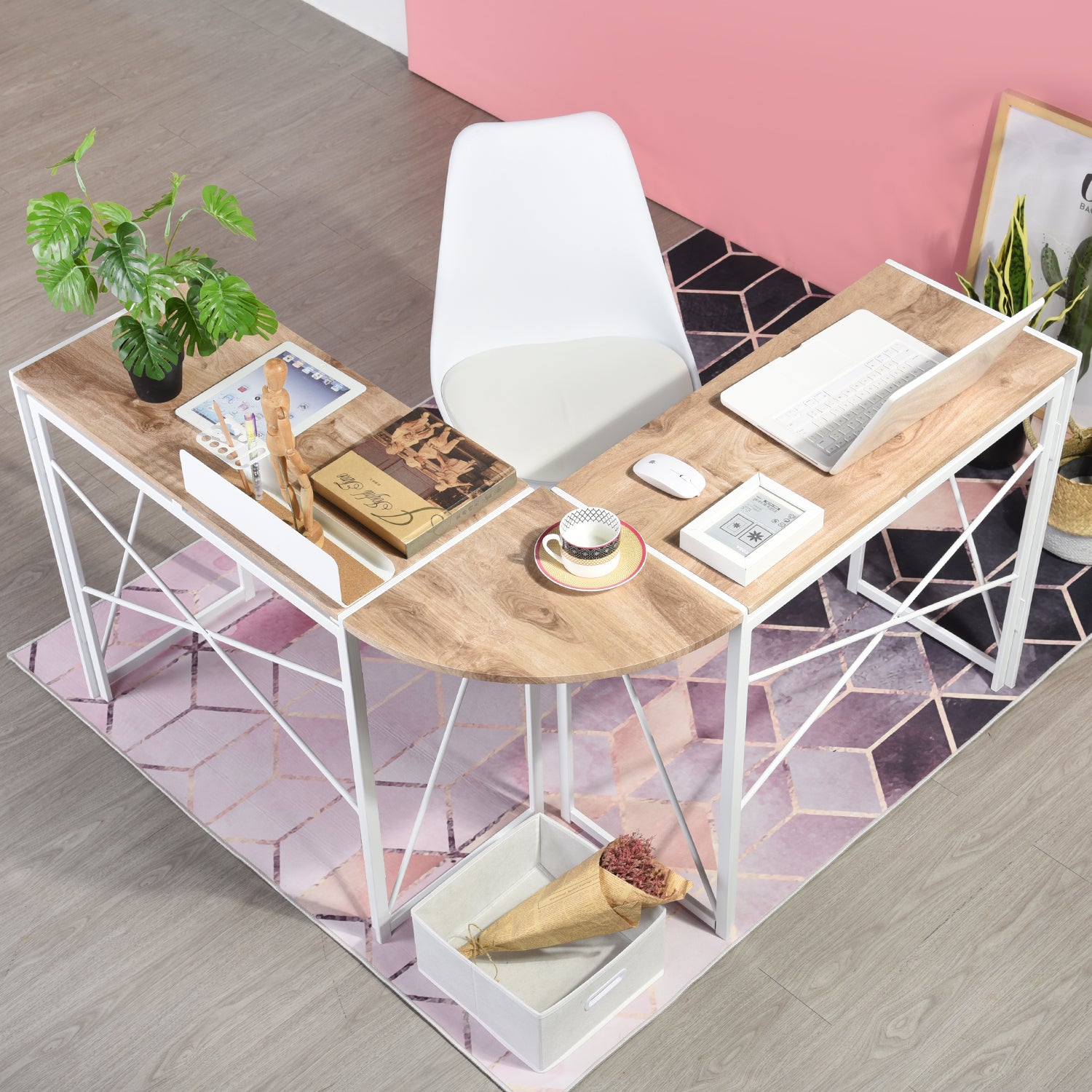 L-Shaped Computer Desk, Industrial Office Corner Desk, Writing Study Table, Wood Tabletop Home Gaming Desk with Metal Frame, Large 2 Person Table for Home Office Workstation