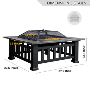 Multifunctional Fire Pit Table 32in 3 in 1 Metal Square Patio Firepit Table BBQ Garden Stove