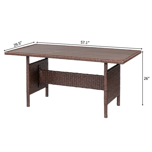 Eight-Piece Set Outdoor Rattan Dining Table And Chair Brown Wood Grain Rattan