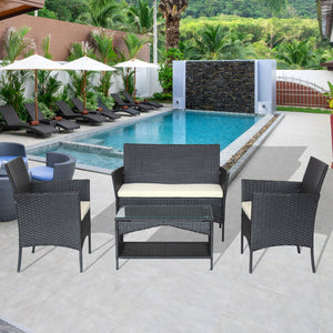 Outdoor Furniture Bistro Set, 4 Pcs Wicker Patio Chat Set with Soft Cushion and Double-Tier Tea Table, Newest Front Porch Furniture Set, Backyard Deck Garden Patio Conversation Set