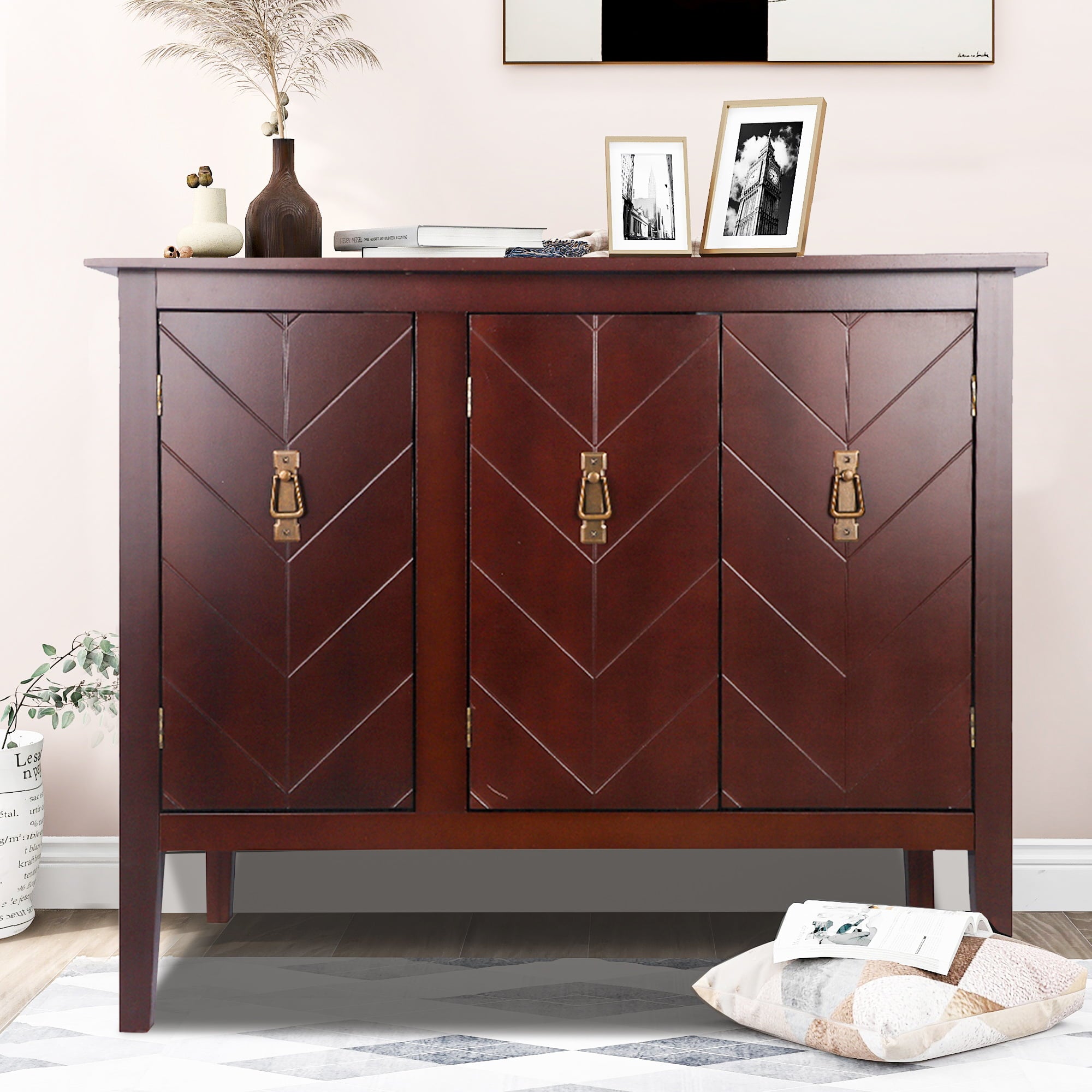 Console Table with Storage, Mid-Century Sideboard Buffet Cabinet, Gray Wooden Buffet Cabinet, 3 Door Accent Cabinet for Living Room, Entryway, Corridor, 37 x 15.7 x 31.5 inch