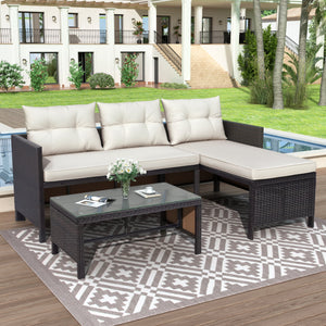 3 PCS Patio Sectional Sofa Conversation Set, All Weather Rattan Patio Furniture Set, Brown Outdoor Chaise Lounge Set with Cushion and Table, Deck Backyard Porch Furniture