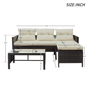 3 PCS Patio Sectional Sofa Conversation Set, All Weather Rattan Patio Furniture Set, Brown Outdoor Chaise Lounge Set with Cushion and Table, Deck Backyard Porch Furniture