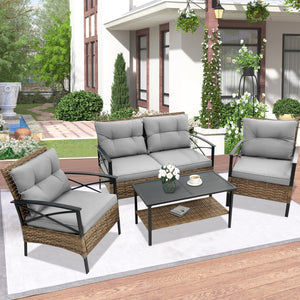 Outdoor Furniture Bistro Set, 4 Pcs Wicker Patio Chat Set with Soft Cushion and Double-Tier Tea Table, Newest Front Porch Furniture Set, Backyard Deck Garden Patio Conversation Set