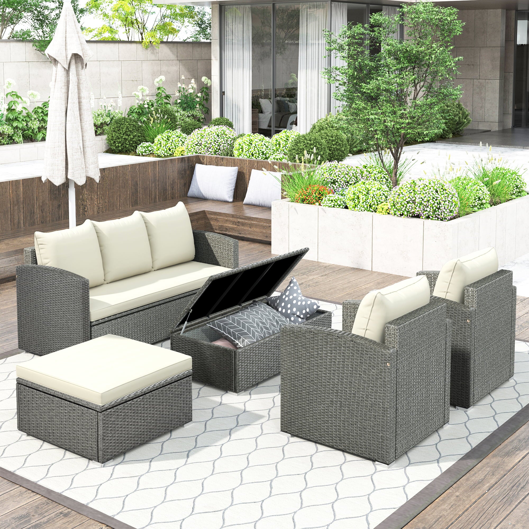4 Pieces Outdoor Sectional Sofa, enyopro Patio Seating Wicker Furniture Set with Cushions, Coffee Table and Furniture Cover, Patio Dining Set for Backyard, Deck, Pool