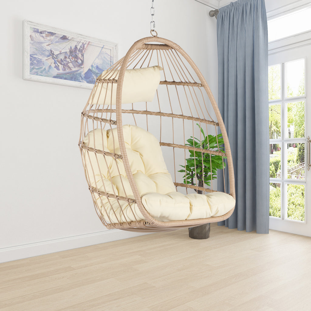 Patio Wicker Hanging Chair, Egg Chair Hammock Chair with UV Resistant Cushion and Pillow for Indoor Outdoor, Patio Backyard Balcony Lounge Rattan Swing Chair