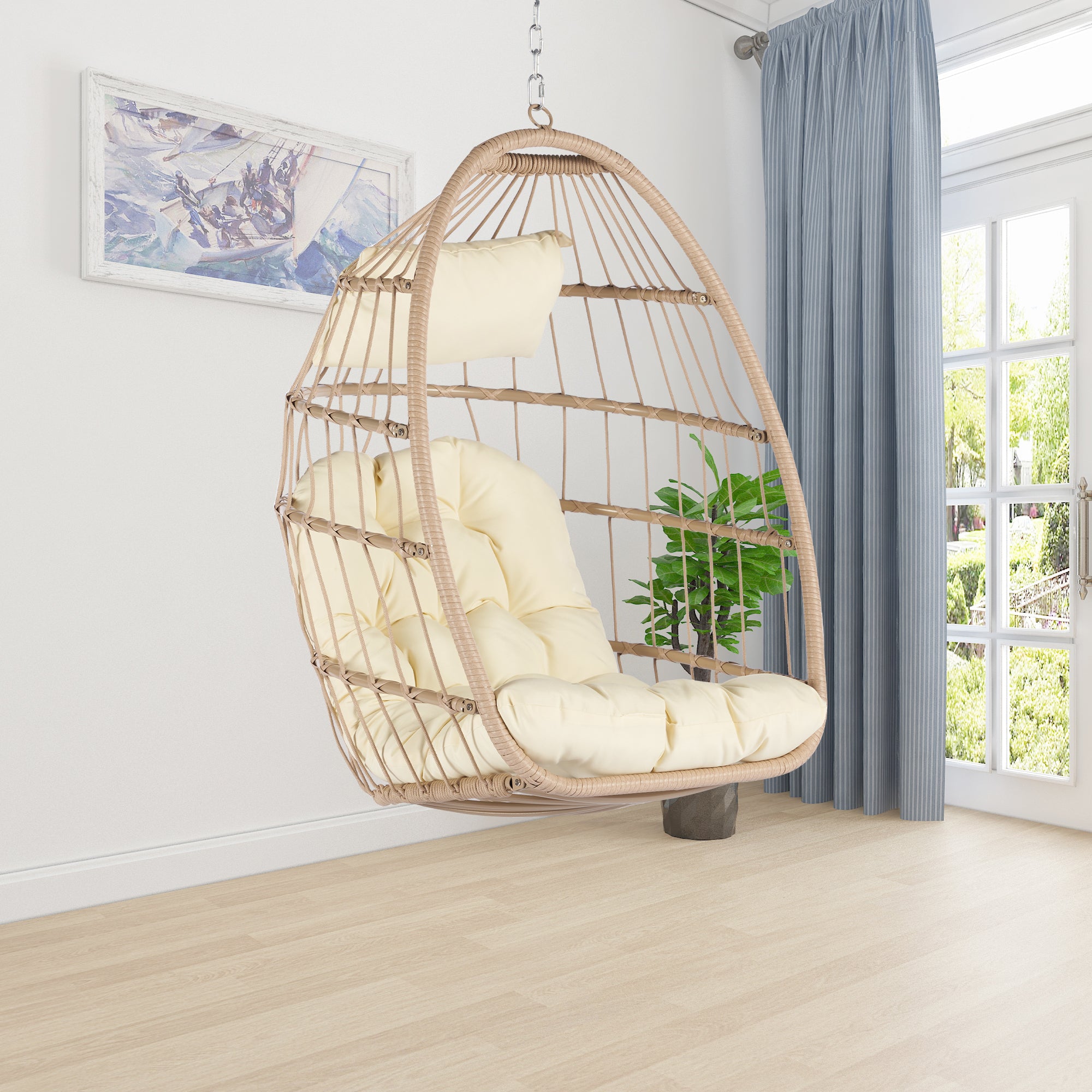 Patio Wicker Hanging Chair, Egg Chair Hammock Chair with UV Resistant Cushion and Pillow for Indoor Outdoor, Patio Backyard Balcony Lounge Rattan Swing Chair