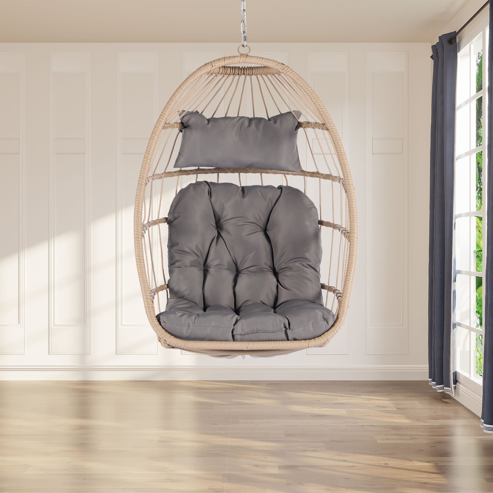 Patio Wicker Hanging Chair, Egg Chair Hammock Chair with UV Resistant Cushion and Pillow for Indoor Outdoor, Patio Backyard Balcony Lounge Rattan Swing Chair