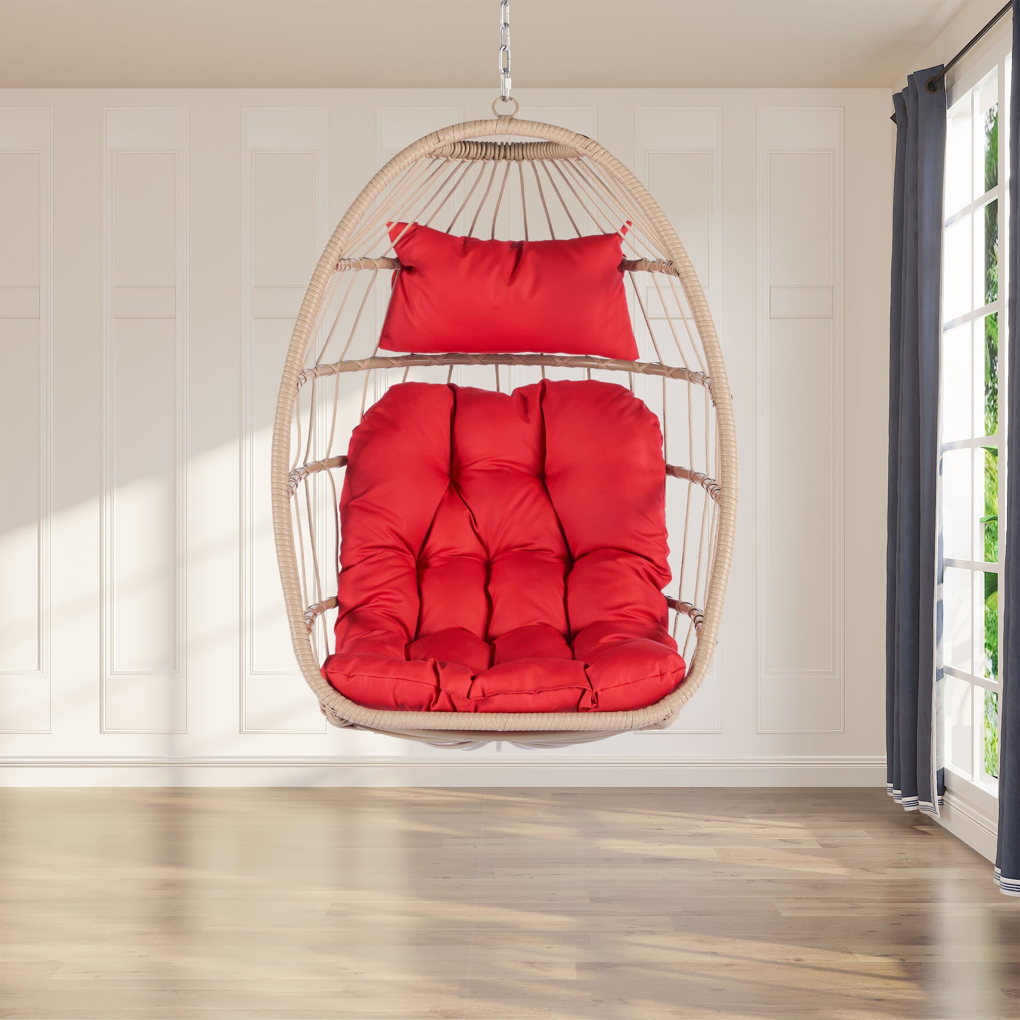 Patio Wicker Hanging Chair, Egg Chair Hammock Chair with UV Resistant Cushion and Pillow for Indoor Outdoor, Patio Backyard Balcony Lounge Rattan Swing Chair