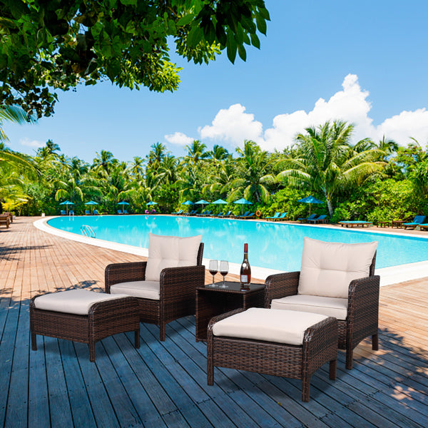 Five-Piece Rattan Set Brown Gradient 2 Single Sofas 2 Footstool &1 Coffee Table Round Corner Armrests