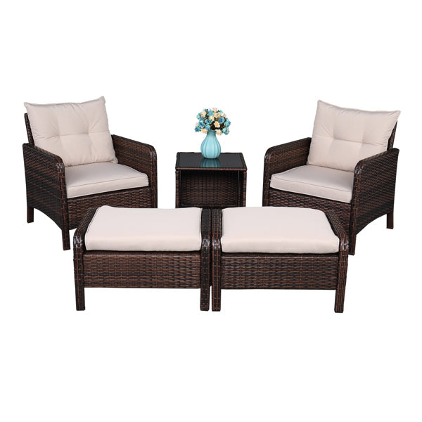 Five-Piece Rattan Set Brown Gradient 2 Single Sofas 2 Footstool &1 Coffee Table Round Corner Armrests