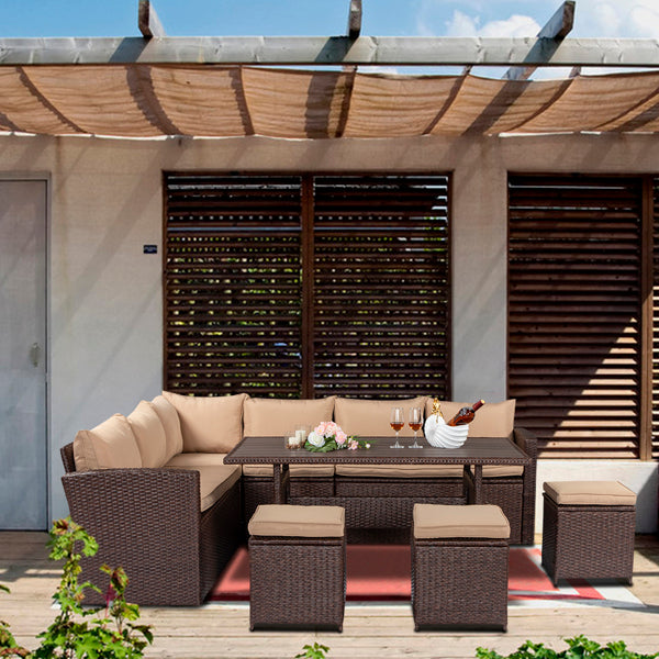 Eight-Piece Set Outdoor Rattan Dining Table And Chair Brown Wood Grain Rattan