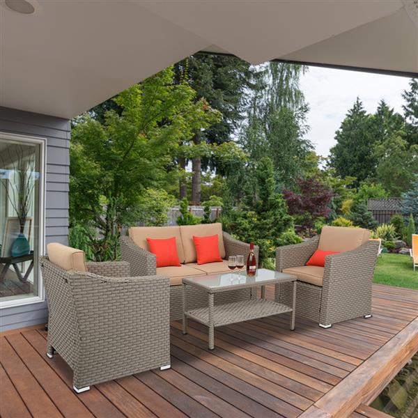 Wide Rattan Double Contiguous Rattan 4-Piece Suit 1 Double 2 Single 1 Double Coffee Table Gray