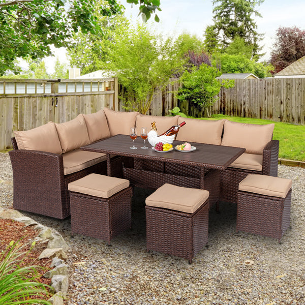 Eight-Piece Set Outdoor Rattan Dining Table And Chair Brown Wood Grain Rattan
