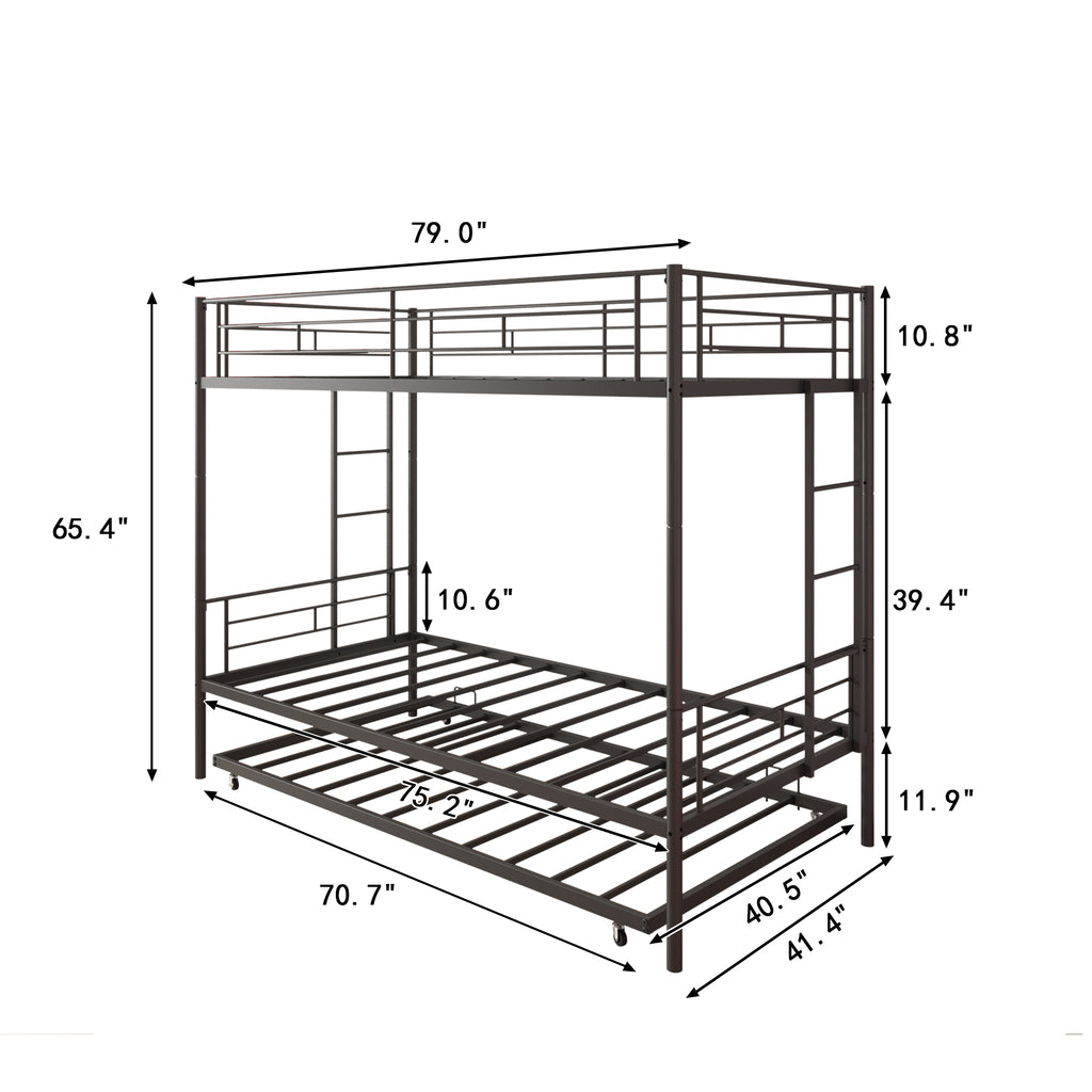 Bunk Bed with Roll Out Trundle Bed Frame, Metal Bunk Bed can be Divided into Two Twin Beds, Trundle Twin Bunk Bed with Ladders and Guardrails for Guest Room, Space Saving Bedroom Furniture