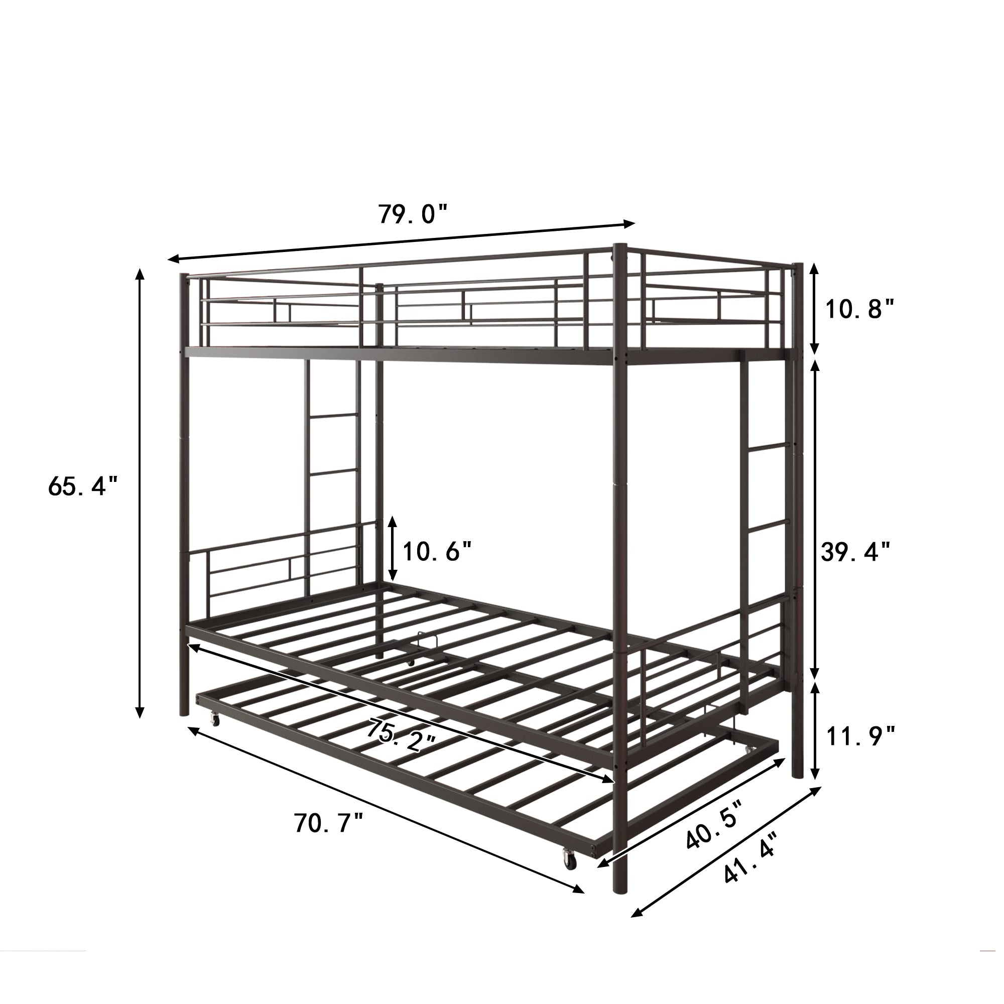 Bunk Bed with Roll Out Trundle Bed Frame, Metal Bunk Bed can be Divided into Two Twin Beds, Trundle Twin Bunk Bed with Ladders and Guardrails for Guest Room, Space Saving Bedroom Furniture