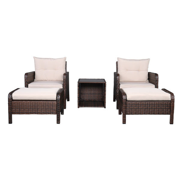 Five-Piece Rattan Set Brown Gradient 2 Single Sofas 2 Footstool &1 Coffee Table Round Corner Armrests