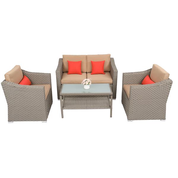 Wide Rattan Double Contiguous Rattan 4-Piece Suit 1 Double 2 Single 1 Double Coffee Table Gray