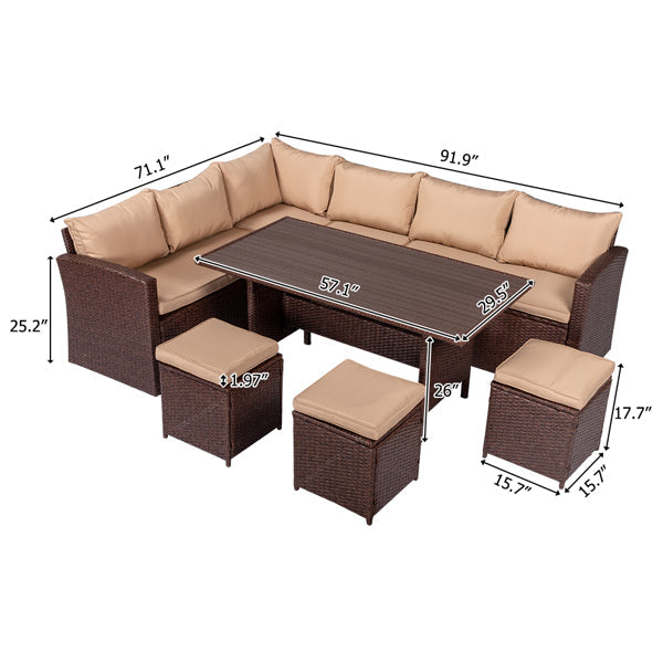 Eight-Piece Set Outdoor Rattan Dining Table And Chair Brown Wood Grain Rattan